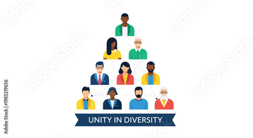 Diverse people pyramid, unity in diversity concept, colorful flat illustration, teamwork and community icons