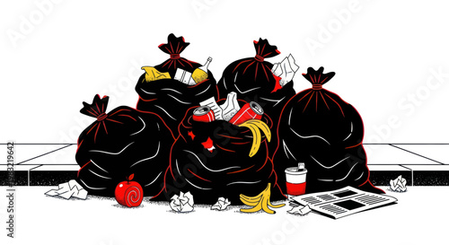 Overflowing Black Trash Bags on Sidewalk, Waste Disposal Concept