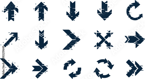 Collection of varied directional and circular arrow icons with distressed design elements