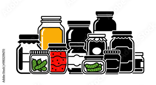 Assorted Glass Jars Filled with Preserves and Pickles