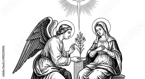 Photos Annunciation Scene: Angel Gabriel Visiting Virgin Mary with Lily Flower