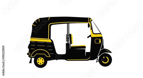 Graphic illustration of a yellow and black auto rickshaw side view