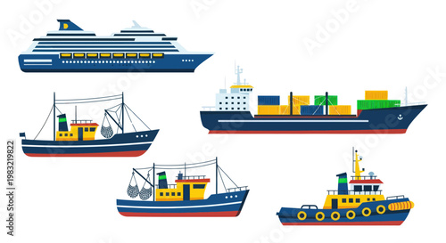 Diverse Marine Vessels: Cruise Ship, Cargo Ship, Fishing Boats, Tugboat