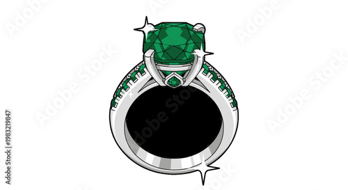 Elegant Emerald Engagement Ring with Diamonds on White Background