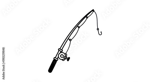 Fishing Rod with Hook and Line - Simple Black and White Illustration
