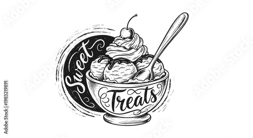 Hand-drawn Ice Cream Sundae with Whipped Cream and Cherry
