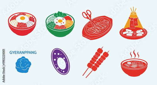 Korean Food Icons: Bibimbap, Bulgogi, Gyeranppang, Stew, Skewers, and More