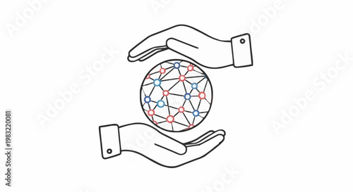 Two hands carefully holding a network of interconnected nodes, representing global connectivity and data security