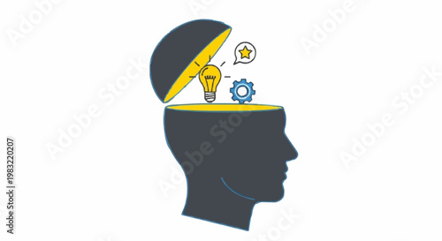 Conceptual graphic of an open head with a lightbulb, gear, and star, symbolizing a thoughtful mind generating ideas, problem-solving, and fostering innovation and inspiration