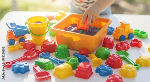 晴れた屋外の白いテーブルで子供が色とりどりの砂遊び道具に手を伸ばし夢中で遊ぶ愛らしい姿。型抜きやシャベルを使って集中し砂をすくい上げる動作は創造力と手先の器用さを育む大切な遊びの時間。明るい日差しがその喜びの瞬間を優しく包み込む光景。. AI Generated