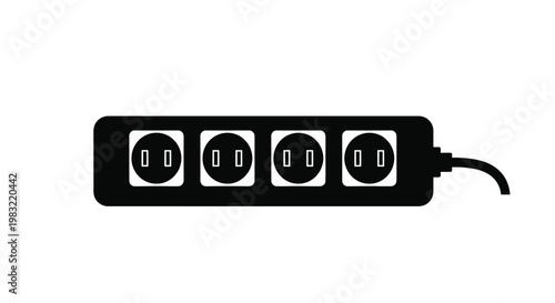 Black power strip with four outlets and a connecting cable shown in silhouette