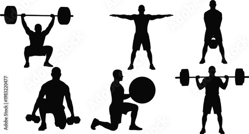 Silhouettes of athletes in various strength training poses