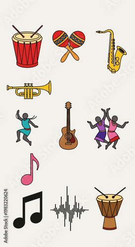 Musical Instruments and Dancing Figures: A Vibrant Celebration of Music and Rhythm