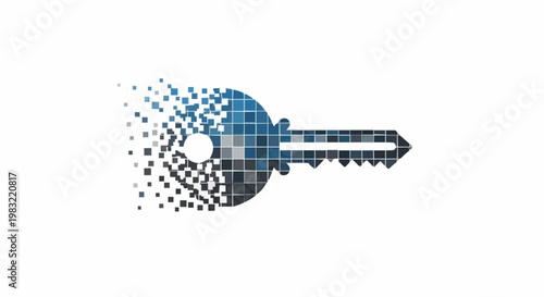 Digital key dissolving into pixelated fragments, symbolizing data security and access control in a digital world