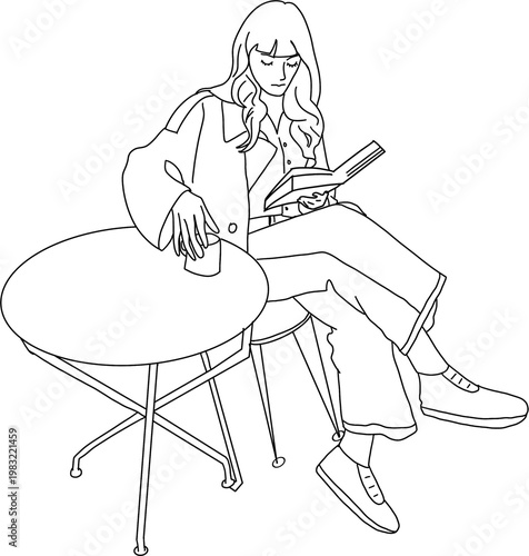 카페테리아에서 책보며 커피 마시는 여자 