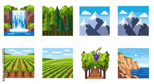 Pixel Art Landscapes: Waterfall, Forest, Mountains, Vineyard, Coastline