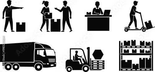 Logistics and supply chain icons a black silhouette illustration set