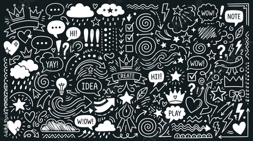 Creative chalkboard doodle collage with ideas, icons, and playful shapes for brainstorming, inspiration, and design concepts