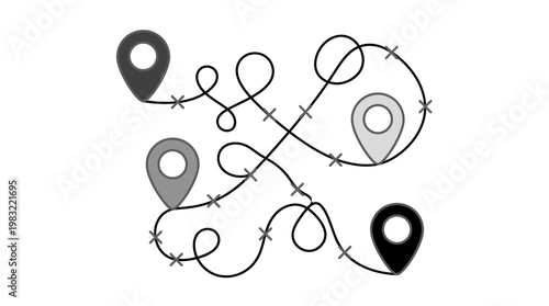 Stylized travel route with looping doodle paths and map pins, illustrating journey planning, exploration, and destination discovery in a monochrome vector design.
