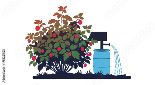 Raspberry Bush Watering with Rain Barrel and Solar Panel