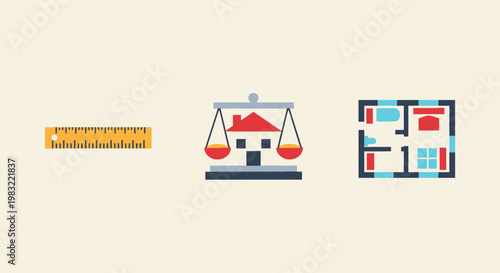 Real Estate Concept: Measurement, Law, and Floor Plan Icons