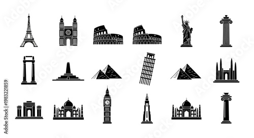 Famous Landmarks Silhouette Collection: Travel Icons Vector Art