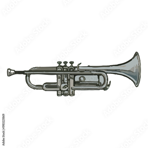 A shiny brass trumpet isolated on a clean white background representing a musical instrument used in jazz and orchestra bands