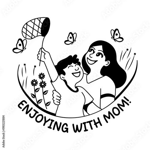 A glyph sticker of a mother and child catching butterflies 
