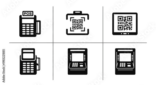 Digital Payment Icons: POS, QR Code, ATM, Tablet Transactions