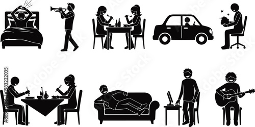 Black silhouette icons depicting various everyday life activities and objects