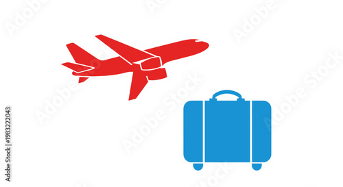 Red Airplane Flying Near Blue Travel Suitcase Icon on White Background