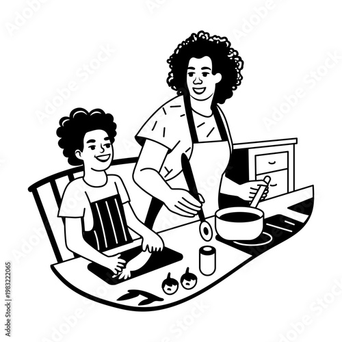 A glyph sticker of kid cooking with his mom in kitchen 
