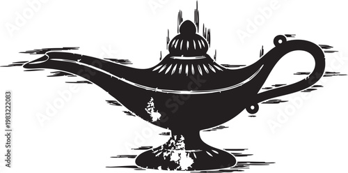 Vintage black oil lamp with handle on white background magic genie lamp