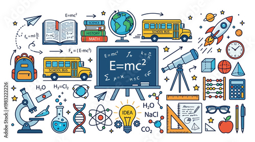 Vibrant education and science collage featuring books, globe, chalkboard with E=mc^2, lab equipment, microscope, rocket, bus, and classroom tools for learning and STEM inspiration