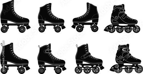 PrintCollection of Roller Skates and Inline Blades Silhouettes Set Including Quad Skates and Speed Skates for Sports and Recreation Graphics