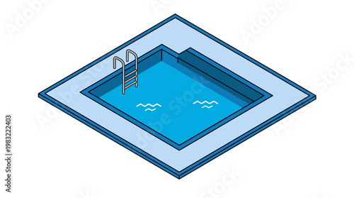 Isometric illustration of a blue outdoor swimming pool with ladder and steps, surrounded by layered frames.