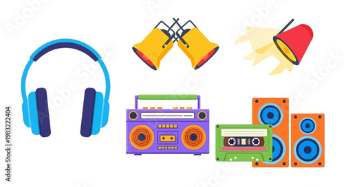Retro Music Party Elements: Headphones, Boombox, Cassette Tape, Speakers, Spotlights