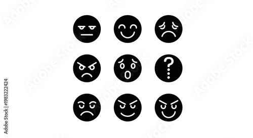 Set of nine black emotion icons with white outlines on white background