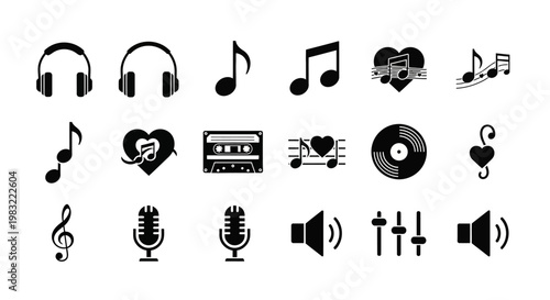 Music Icons Set: Headphones, Notes, Heart, Microphone, Vinyl, Cassette Tape