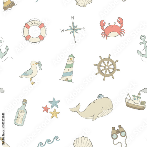 Cute hand-drawn sea life pattern. Perfect design for nursery decor. Features charming whimsical ocean icons.
