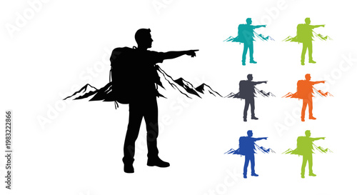 Adventurer Silhouette Pointing Towards Mountains, Outdoor Exploration Icon Set