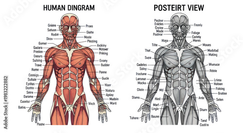 Anatomical Human Muscle Diagram: Anterior and Posterior Views