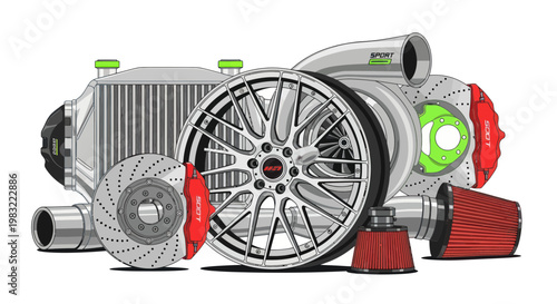 Automotive Performance Parts Collection: Turbo, Intercooler, Wheels, Brakes, Air Filter