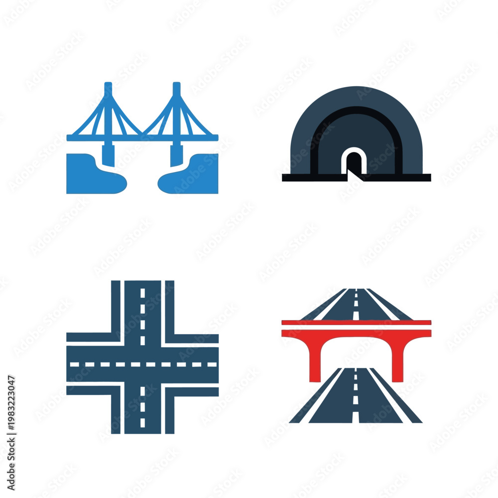 Naklejka premium Set of icons representing infrastructure: bridge, tunnel, intersection, overpass
