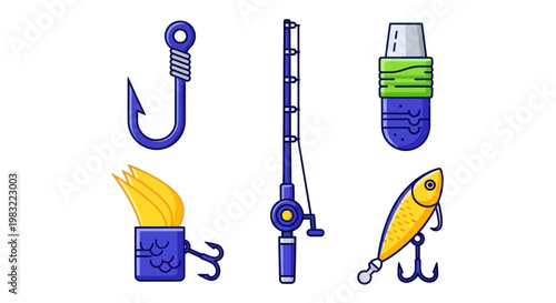 Fishing Gear Icons: Rod, Lure, Hook, Bait, and Bobber Set