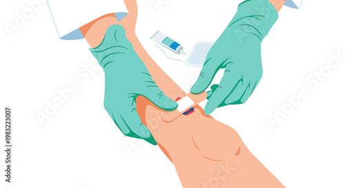 Doctor applying bandage to patient's arm with medical supplies