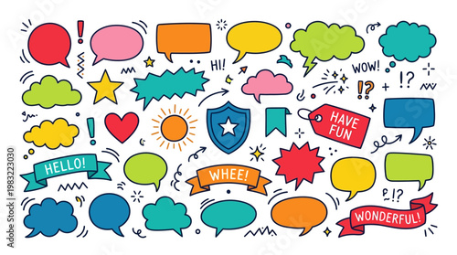Colorful comic speech bubbles collage with doodle stickers and word balloons, vibrant vector illustration for dialogue and communication