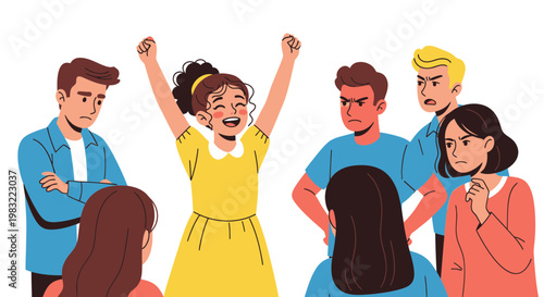 Happy Girl Celebrates Victory Surrounded by Unhappy Crowd