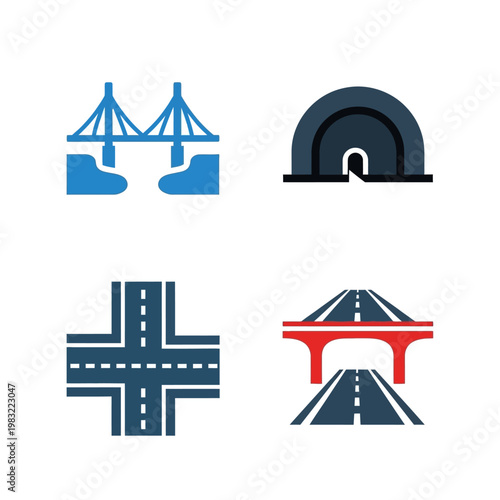 Set of icons representing infrastructure: bridge, tunnel, intersection, overpass