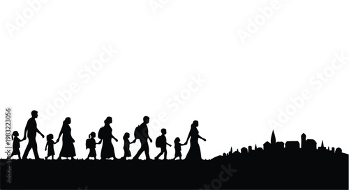 Silhouette of happy family with children walking together in city skyline background, urban lifestyle and togetherness concept